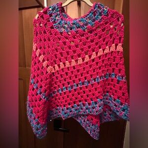 Vibrant Crochet Poncho blue & pink handmade